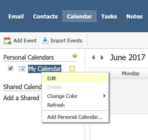 screenshot of private email calendar in webmail