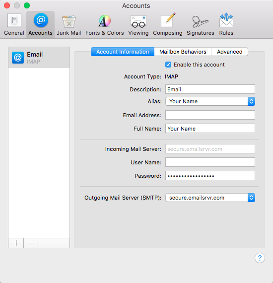 setting up mac mail outgoing imap server